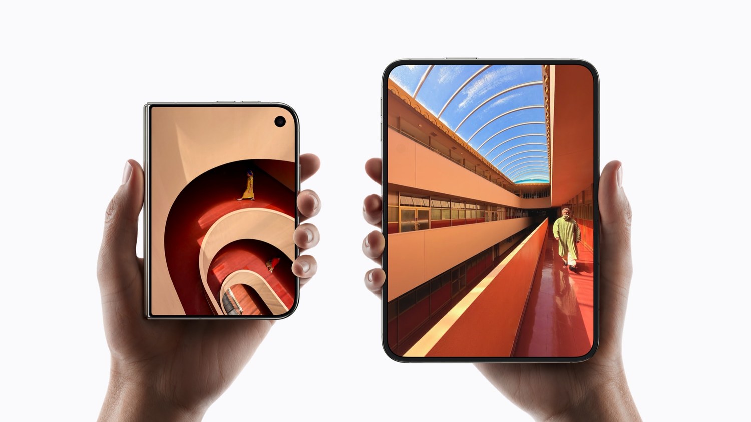 Two hands hold iPhone Duo phones, one closed on the left and one unfolded open on the right, their screens showing wallpaper photos.